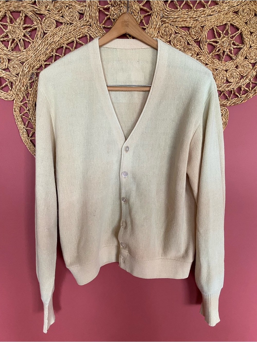 Vintage Light Yellow V-Neck Button Front Cardigan Sweater Medium